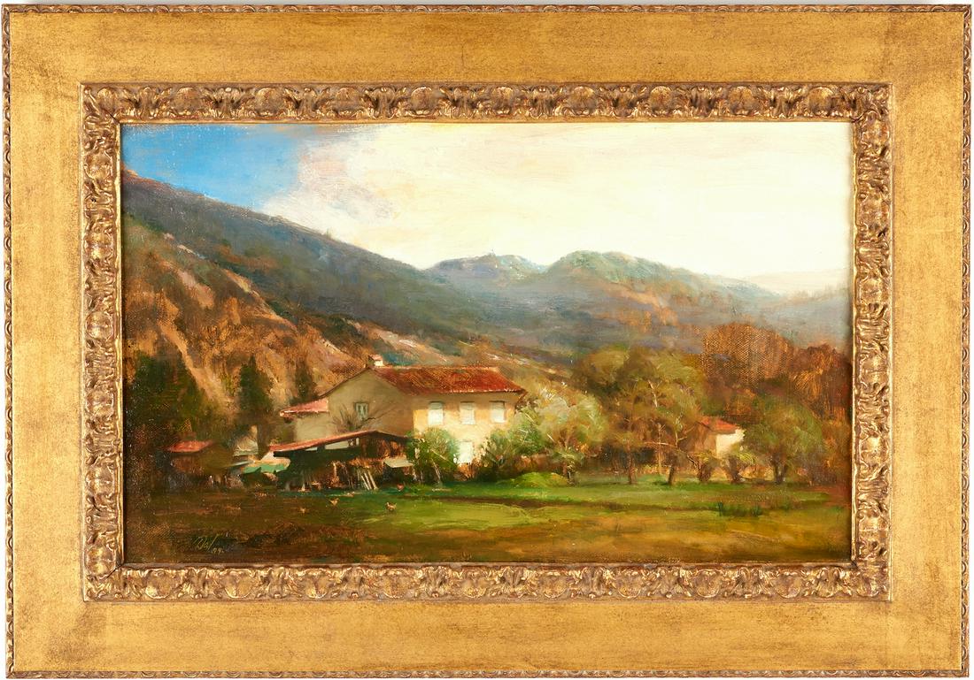 David Leffel O/C Italian Landscape Painting: David Leffel (New Mexico/New York, b. 1931) oil on canvas landscape painting titled "Farmhouse with Chickens, Pietrasanta" depicting an Italian farm at the base of a mountain range below a cloudy blue