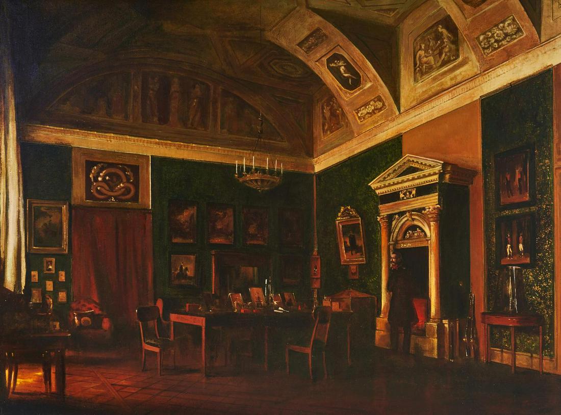 Attr. Vladimir Chudnov O/C, St. Michael's Palace: Attributed to Vladimir Chudnov (Ukranian, 20th century) oil on canvas painting depicting a man in military uniform standing in a room of St. Michael's Palace, also called the Mikhailovsky Castle or th