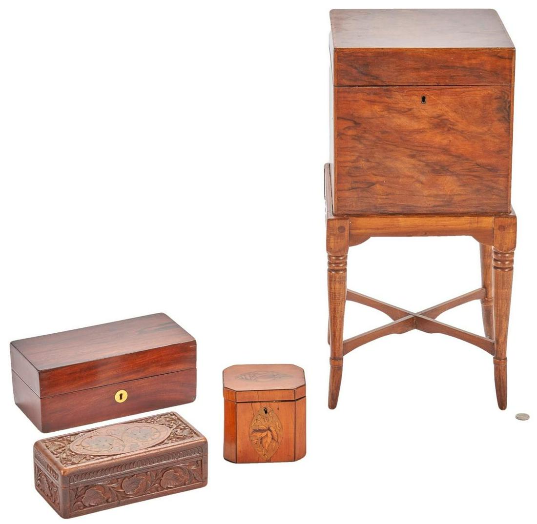 Rosewood Tea Chest plus 3 small boxes: Rosewood Tea Chest plus three (3) small antique boxes, 4 items total. 1st item: Inlaid Satinwood tea caddy, rectangular with canted corners, ebonized inlaid edges and inlaid conch shell to top and lea
