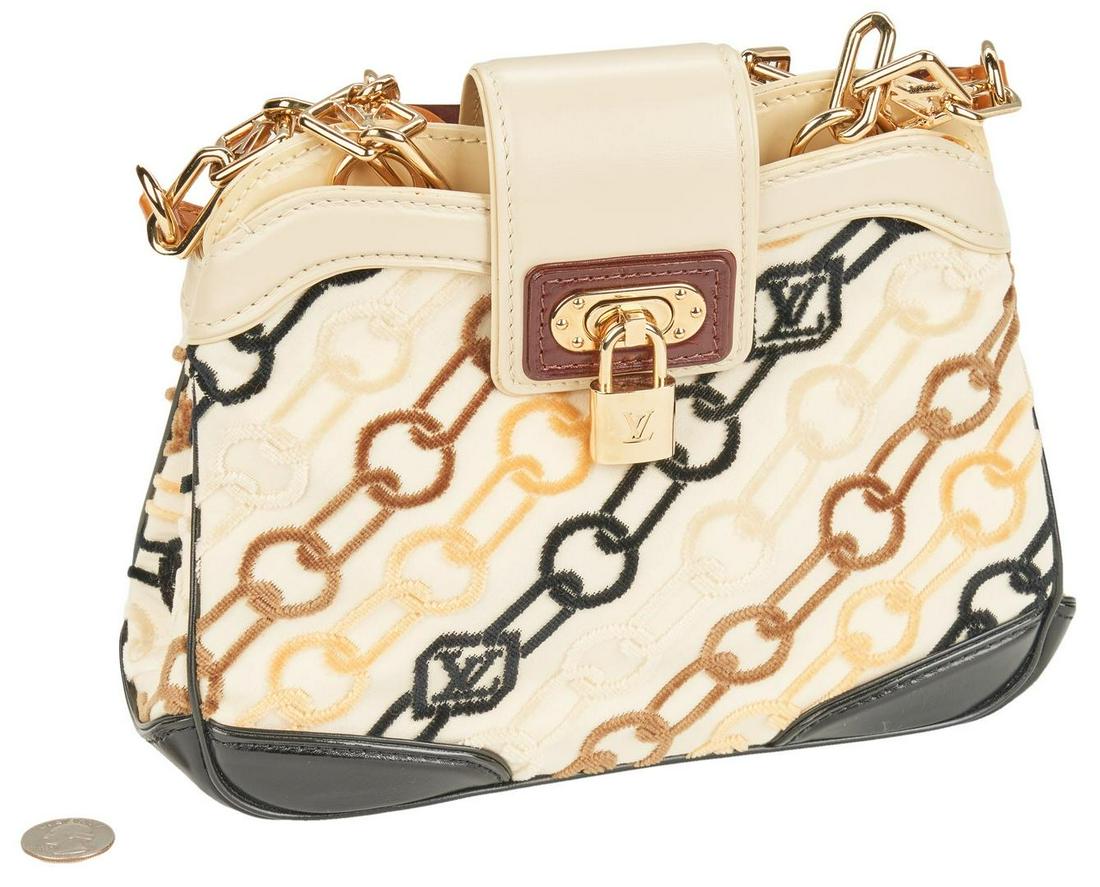 Louis Vuitton "Velvet Chains" Mini Linda Handbag, Marc: Louis Vuitton Limited Edition White Monogram Charms Velvet Chains Mini Linda Bag, designed by Marc Jacobs, including white silk canvas with jacquard velvet chain design, black, brown, and off white le