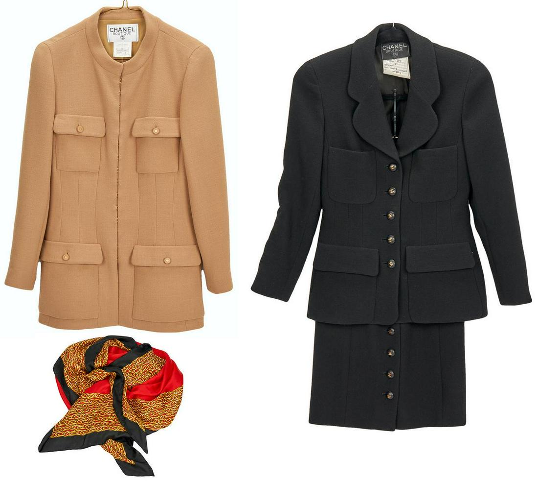 2 Chanel Jackets, 1 Chanel Skirt, & 1 Picasso Scarf, 4: Three (3) Chanel suit pieces, including matching two (2) piece black jacket and skirt, one (1) camel jacket, and one (1) Paloma Picasso scarf, 4 items total. 1st-2nd items: Chanel two (2) piece black 