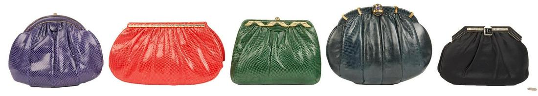 5 Judith Leiber Designer Purses: Five (5) Judith Leiber Designer Purses. 1st item: Green karung structured purse and strap, gold tone frame with wavy line embellishments to exterior. Green jade style cabochon clasp opens to a green g