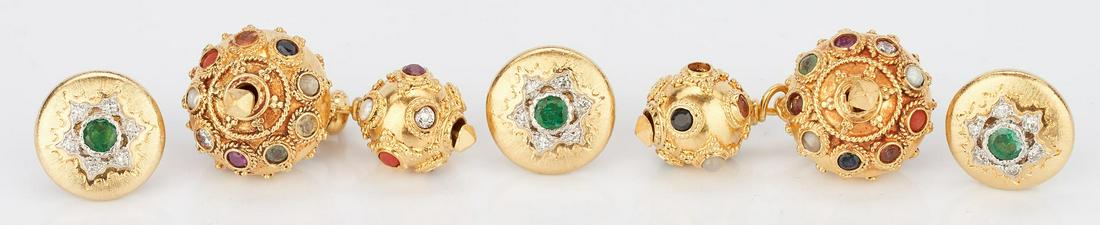 Three 18K Buccellati Button Cuffs & Pr. 18K Multistone: 1st - 3rd items: Three (3) 18K yellow Buccellati gold button cuffs with one (1) emerald surrounded by six (6) single cut diamonds each. Approximately 0.06 carat total weight diamonds, SI2 clarity, and