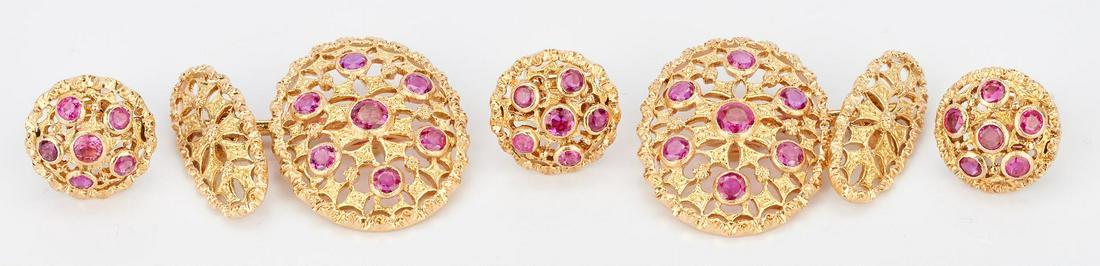 18K Buccellati Ruby Cuff Links & Button Cuffs: Set of Buccellati 18K yellow gold cufflinks and matching 3 button cuffs with 32 rubies. 4 marked "M Buccellati", 1 marked "Buccellati", all marked "Italy 176 750". Ranging in size from 9/16" L x 7/16"