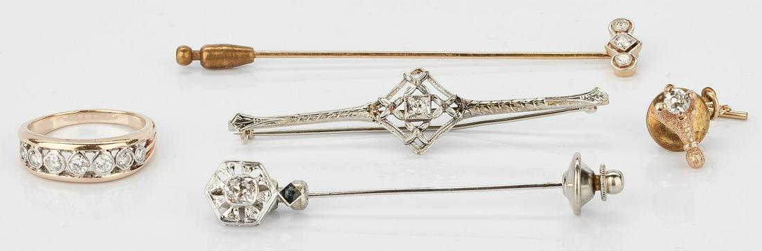 5 18K & 14K Gold, Diamond, & Gemstone Jewelry Items: 5 18K, 14K, and 10K Gold, Diamond, and Gemstone Jewelry Items. 1st item: 18K Diamond and Sapphire Pin with 1 mine cut cushion, diamond approx. 0.4ct. (SI2, I). Tests 18K. 2 3/4" L x 3/8" W. 4.2 grams.