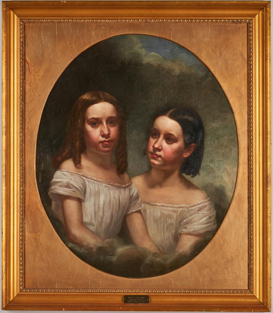John Francis O/C Portrait Painting, Two Sisters: John F. Francis (Pennsylvania, 1808-1886) oil on canvas portrait painting titled "Two Sisters" depicting two young girls, one with dark blonde hair and with dark brown hair, both wearing white dresses