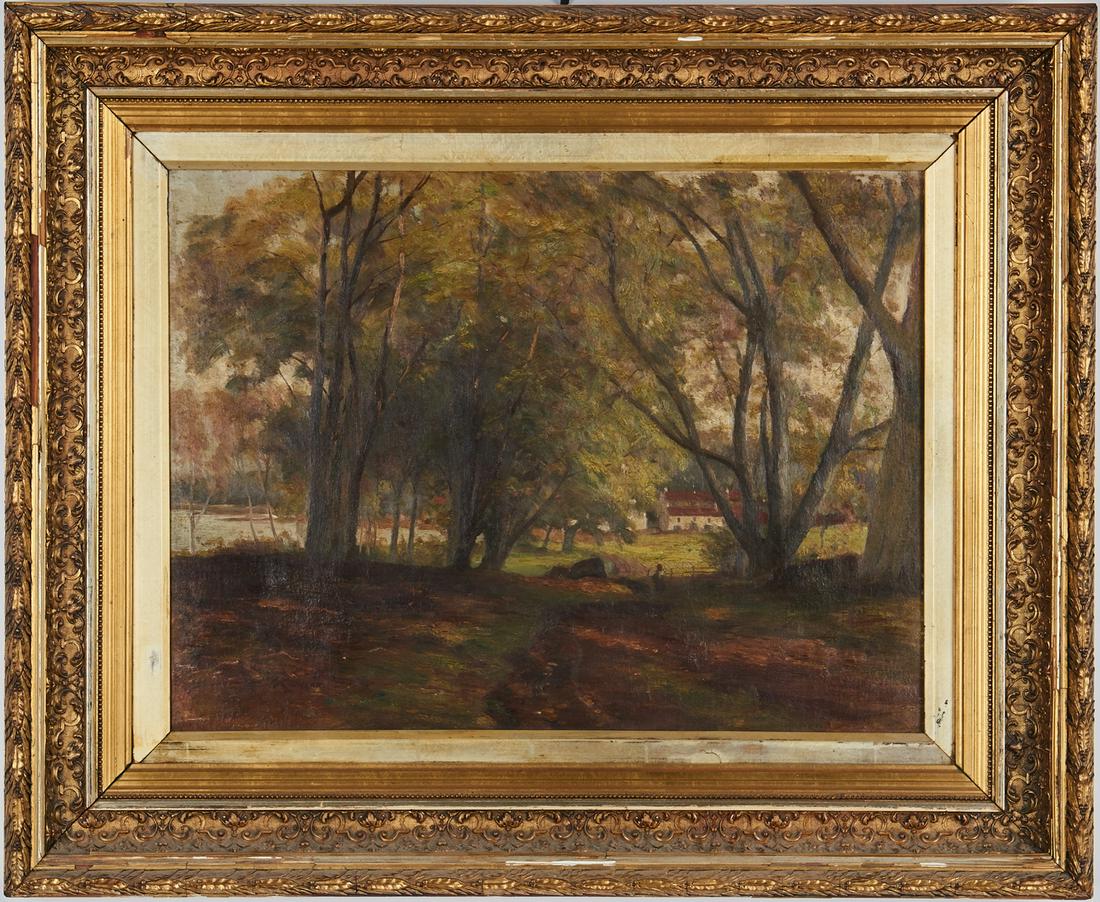 James S. Kinnear O/C, Dalmeny Shore: James Scott Kinnear (United Kingdom, 1846/48-1917) oil on canvas Barbizon style landscape painting titled "Green with Lands Dalmeny Shore" depicting several trees on either side of a country road, for