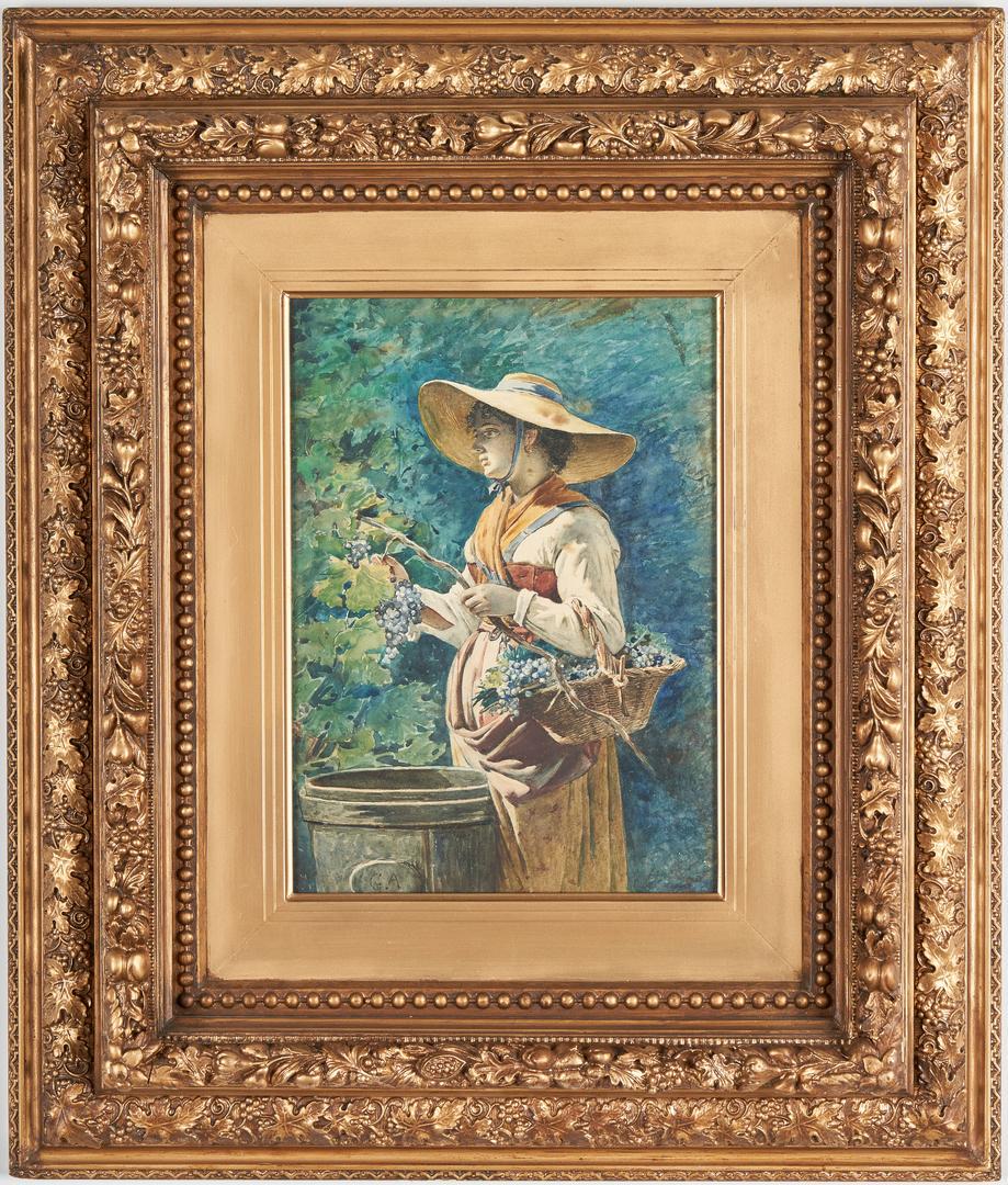 Signed 19th Cent. Watercolor, Grape Harvester: Continental or English School, 19th century watercolor on paper painting depicting a woman in sun hat, picking grapes. Signed with initals "GA" lower left. Housed under glass in an elaborate Victorian