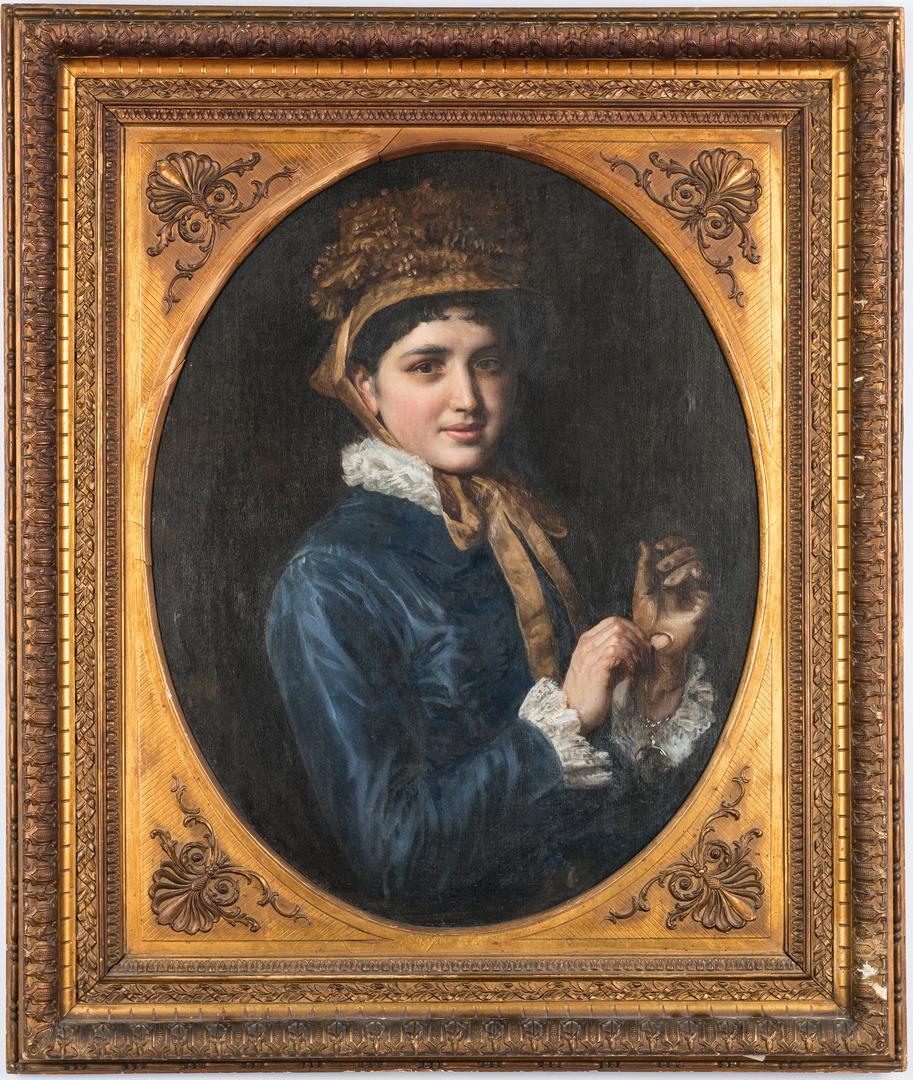 19th Cent. Portrait of a Lady with a Watch: Continental School, 19th century, oil on canvas painting depicting a young lady in a dark blue silk dress with white collar and cuffs and fashionable gold hat, removing a glove from her left hand. A g
