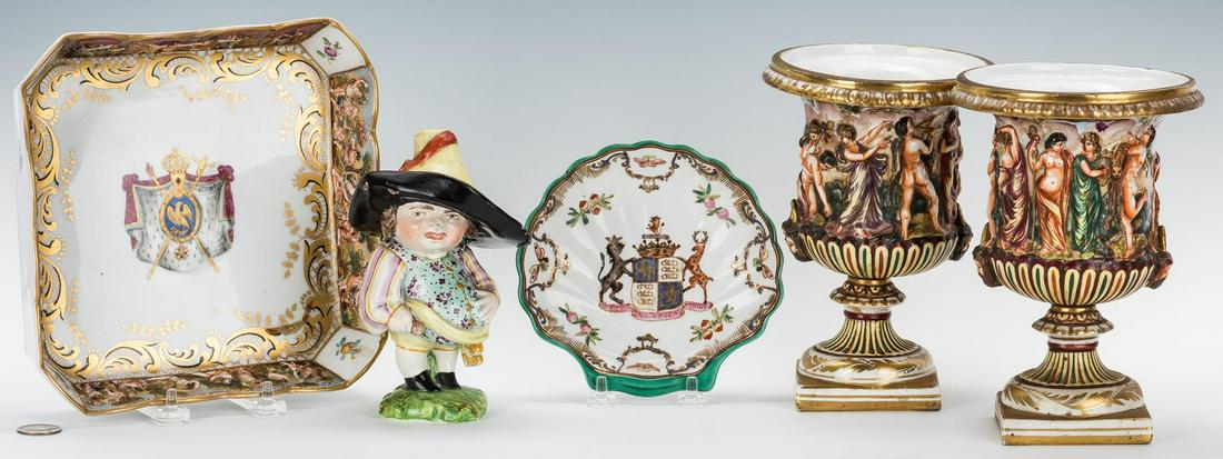 5 European Porcelain Items inc. Armorial: Five (5) European porcelain items, including Capodimonte, Armorial, and Staffordshire. 1st item: Capodimonte "Au Roi de Rome Naples 1811" pattern armorial square dish with canted corners, hand painted