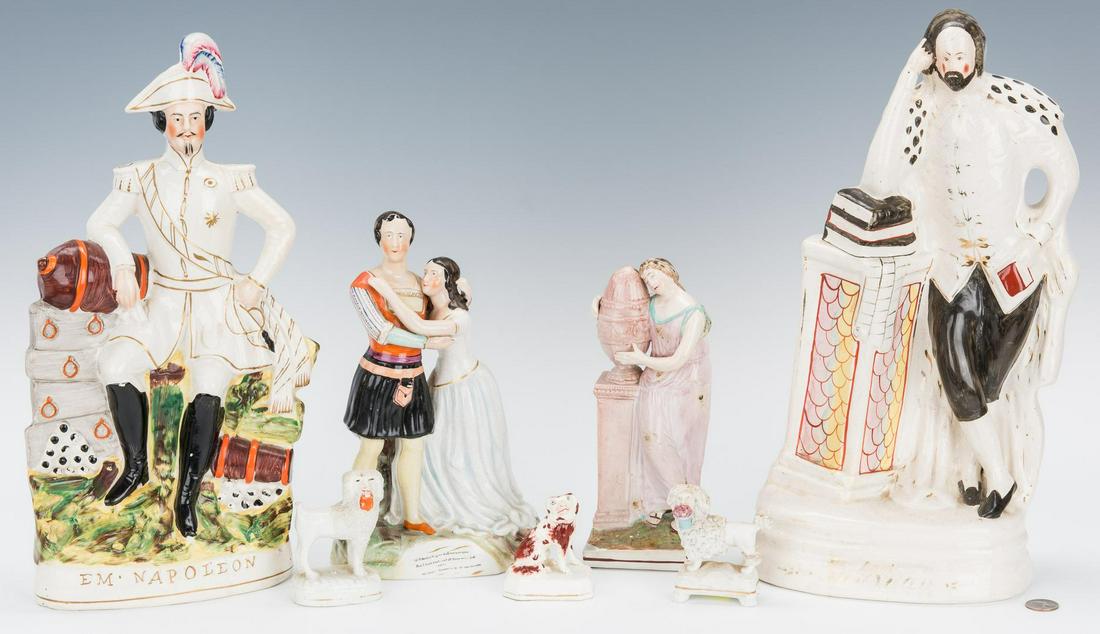 7 Staffordshire Figures: Seven (7) Staffordshire Figures including a pearlware figure of Andromache, modelled standing beside an urn on plinth and mourning the ashes of Hector, 9 1/3" H; 1 figural group of Romeo and Juliet wi