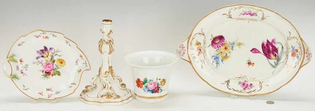 Meissen Candlestick, Leaf Bowl, Cachepot + Platter: Four (4) pieces Meissen porcelain tableware, including candlestick, cachepot, leaf tray, and oval platter, all with crossed swords marks. 1st item: Single Rococo style candlestick with molded, gilt tr