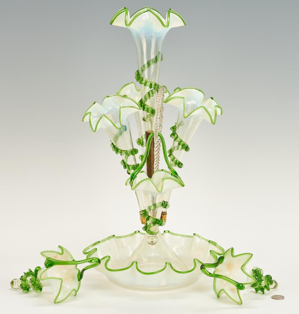 Victorian Green & Opalescent Glass Epergne w/ Baskets: Victorian glass epergne with opalescent shading and ruffled green accents to rims with winding green glass rigaree decoration. Fitted with three baskets, four vases, and one twisted cane arm. Cane arm