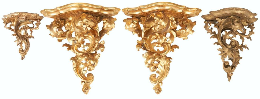 4 Decorative Giltwood Wall Bracket Shelves: Four (4) Continental decorative carved gilt wooden wall brackets or shelves with scrolling acanthus leaf bases, including pair (1) pair and two (2) singles. Unmarked. All with hanging hardware, top l