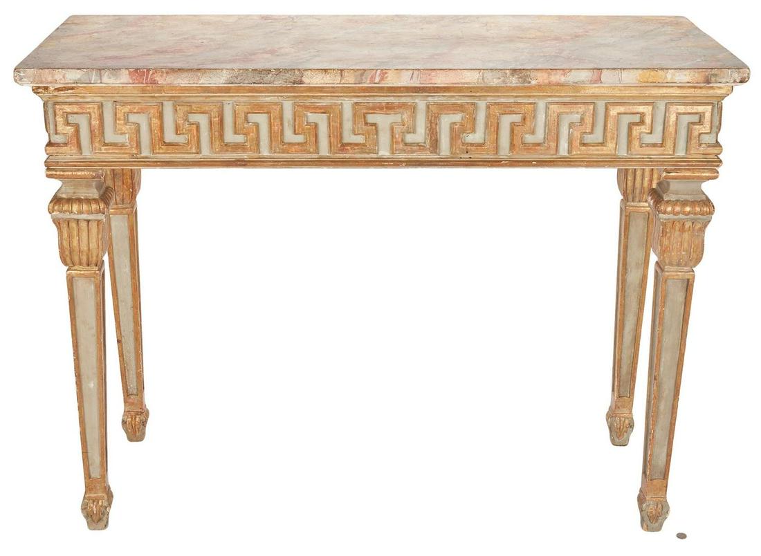 Italian Style Console Table w/ Faux Marble Top: Italian Neoclassical style parcel gilt console table with rectangular, painted marbelized wood top over a fret-carved frieze and carved square tapered legs. 29 1/2" H x 19 3/8" W x 28 1/2" D. 20th cen