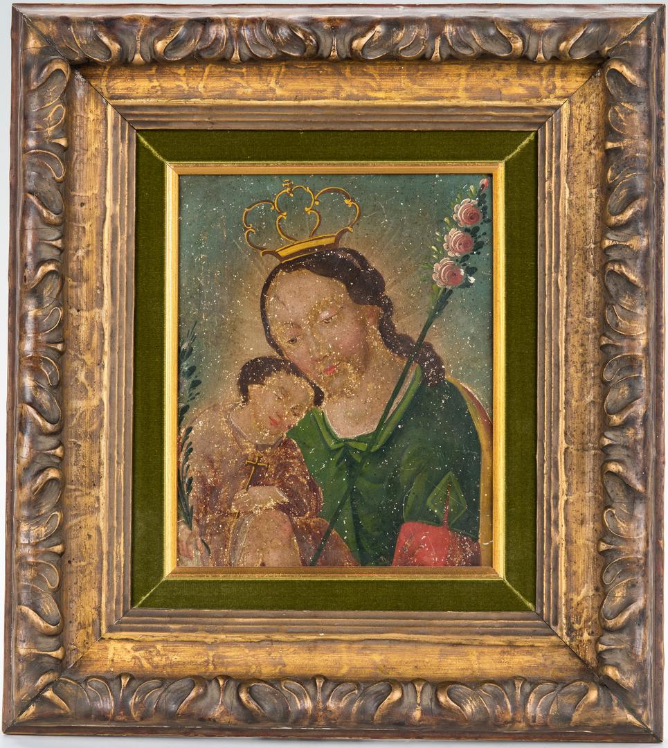 Ex-Voto Mexican Retablo, Christ w/ Child: Mexican folk art oil on tin retablo depicting Christ with a gold crown and floral scepter, holding a child with a cross. Unsigned. Housed in a molded gilt wood frame with green velvet and giltwood lin