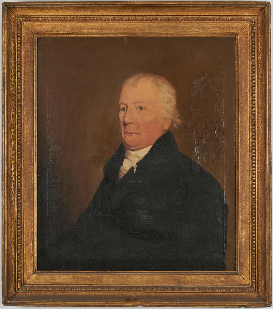 Portrait of William Stuart, Maryland: American School, manner of John Wesley Jarvis (1780-1840), oil on canvas portrait of a gentleman identified by label en verso as William Stuart of Charles, Maryland (b. circa 1743- d. 1829). Unsigned.