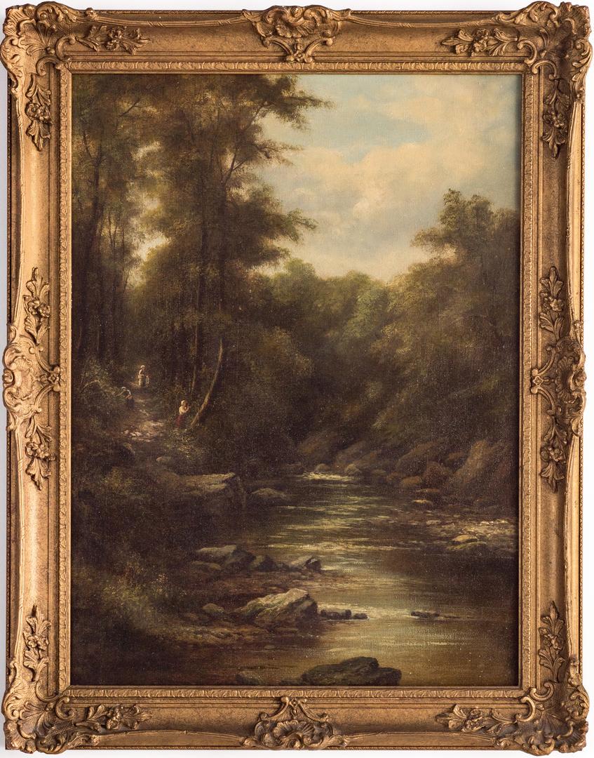 Charles Boot O/C Landscape, Figures in a Wooded Glade: Charles A. Boot (United Kingdom, 19th Century) oil on canvas landscape painting titled "Figures in a Wooded Glade" depicting three children on a path, foreground, to the left of a river surrounded b