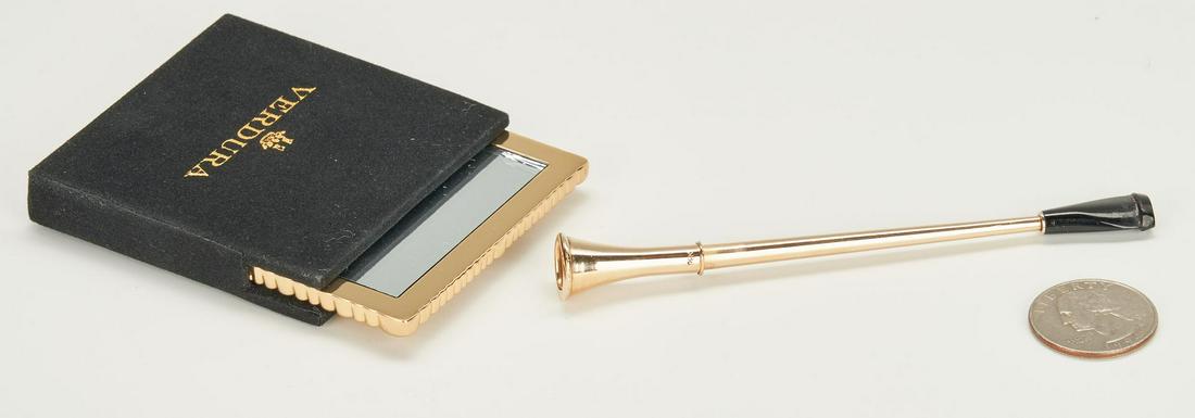 Tiffany Gold Cigarette Holder, Verdura Pocket Mirror, 2: Two (2) designer novelty items, including Tiffany & Co., Verdura. 1st item: Tiffany & Co. 14K gold cigarette holder, in original Tiffany case. 4 1/2" L. Mid/late 20th century. 2nd item: Verdura gold t