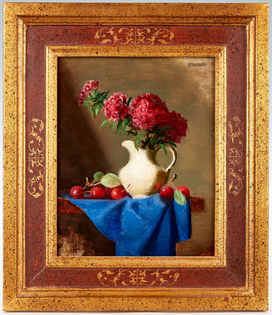 Ernest Baber, Small Still Life: Ernest Morton Baber (American/California, b. 1949) oil on board still life titled "Sweet William Blue Cloth" depicting a white ceramic pitcher of flowers and crabapples on a blue cloth. Signed upper r