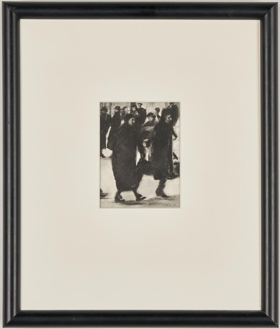 Dozier Bell Drawing of Two Women Walking: Dozier Bell (American, b. 1957) diminutive charcoal drawing of two female figures walking, with other people visible in the background. Signed "D. Bell '08" lower right. Housed behind glass in a black