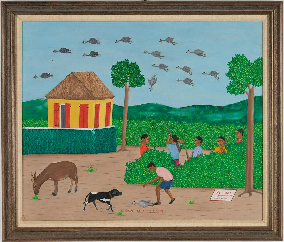 Henri Claude Obin O/B, Haitian Hunting Scene: Henri Claude Obin (Haiti, 1949-2000) oil on board pointillist painting titled "La Chasse Aux Pintades Sauvages" depicting a group of young men with rifles, one shooting at a flock of guinea fowl flyin