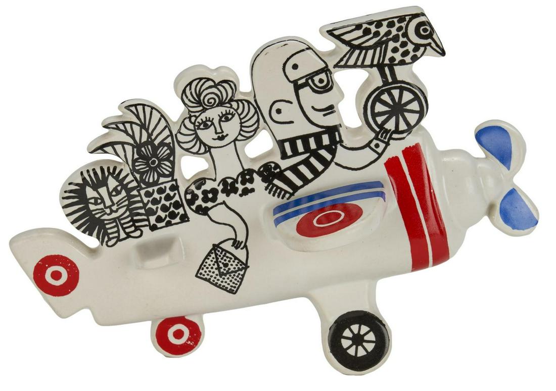 Lisa Larson Ceramic Airplane, Mid-Century: Lisa Larson (Sweden, b. 1931), Gustavsberg Pottery Traffic series; Mid-century modern polychrome ceramic model of airplaine with pilot, woman, bird, and lion. 6 3/4" H x 10" W x 5 1/2" D. Circa 1960.