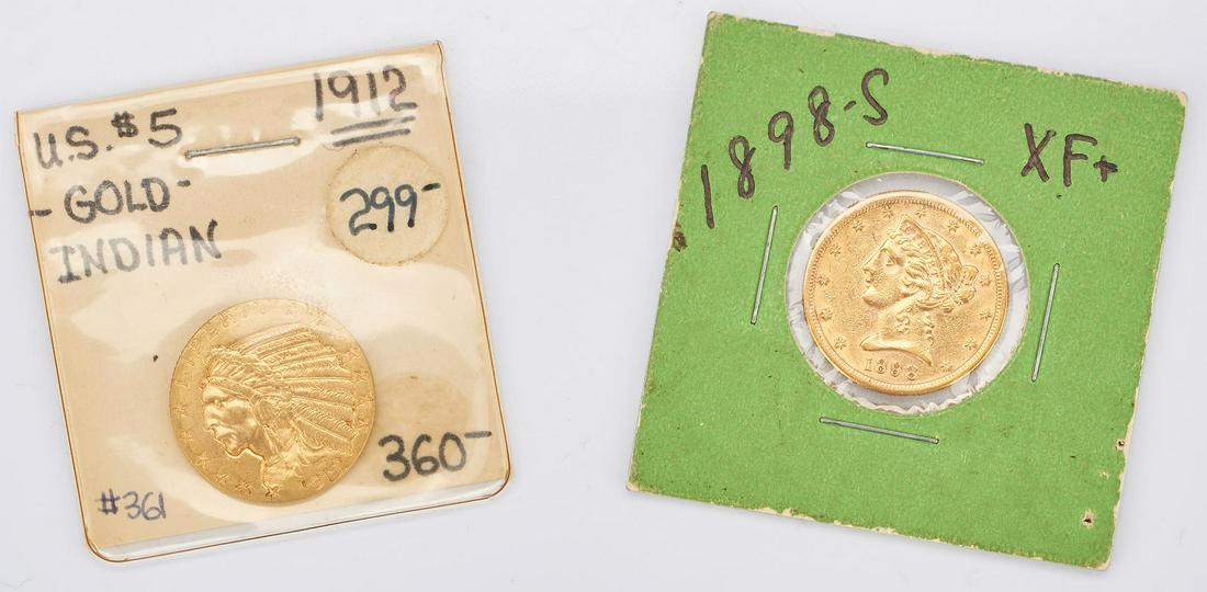 2 U.S. $5 Gold Coins, incl. 1898 Liberty Head, 1912: Two (2) United States Mint $5 Gold Coins, including 1898 Liberty Head, 1912 Indian Head. 1st item: 1898 $5 Liberty Head gold coin, San Francisco Mint, designed by Christian Gobrecht (Pennsylvania, 17