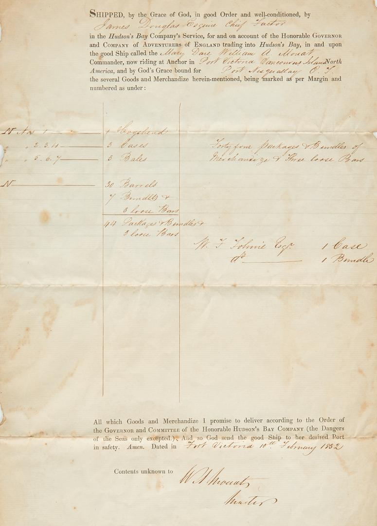 1852 Mary Dare Shipping Manifest: Shipping manifest for the Hudson Bay Company brigantine Mary Dare, under the command of William Alexander Mouat (1821-1871), dated in Fort Victoria, February 10, 1852. The cargo, listed as "1 Cogshe