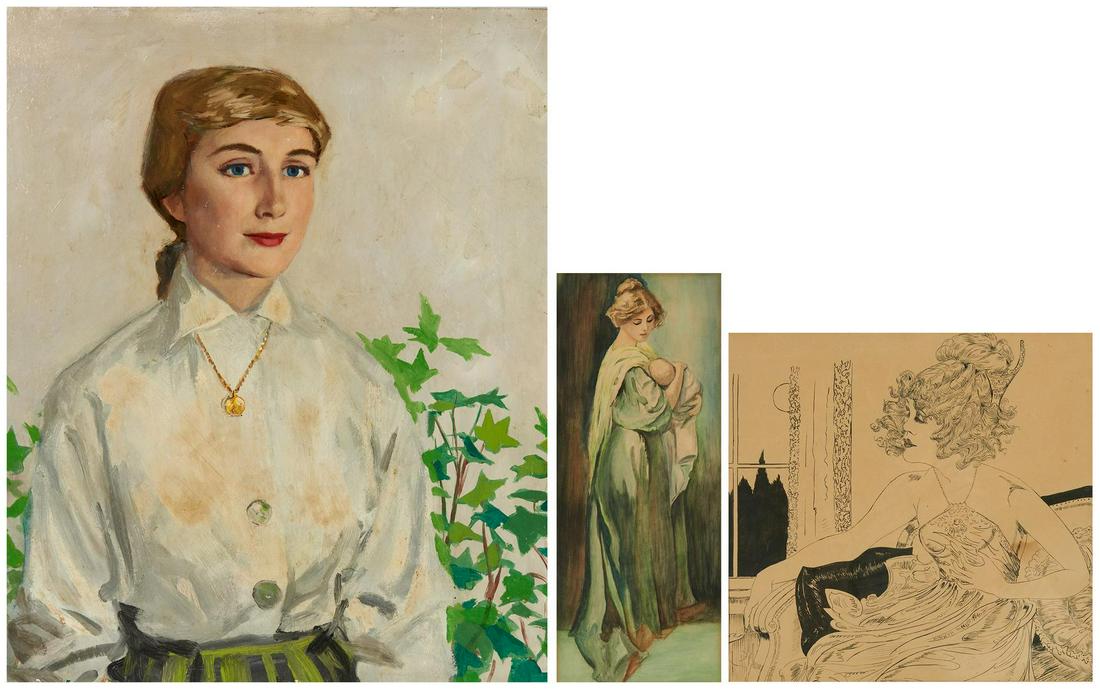 3 Female Portraits by Ingle, Yohn, Bohrer.: Three (3) 20th century female portraits, including John Stuart Ingle, Frederick Coffay Yohn, Ernest Bohrer. 1st item: John Stuart Ingle (Minnesota, 1933-2010) oil on board portrait painting depictin