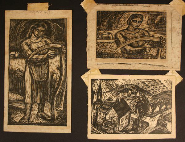 Sam Glankoff (1894-1982) woodcuts: Three rare and early woodcut prints by Sam Glankoff (1894-1982). Each signed in pencil, lower right margin, "Glankoff". Two prints depict a young woman with a sickle and the third print depicts a town