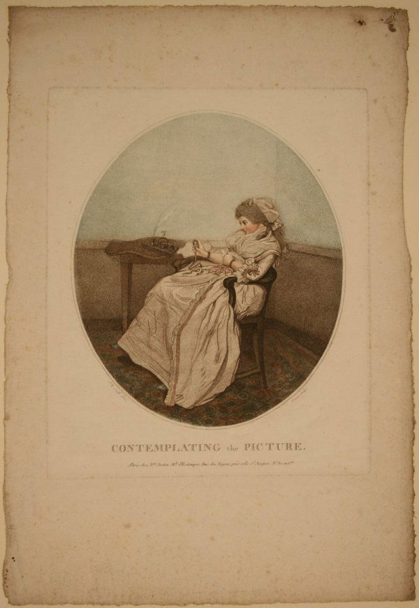 2 Colored engravings, Smith and Moreland: Two colored stippled engravings. 1st item - Colored stippled engraving, " Contemplating the Picture", J. R. Smith delin (John Raphael Smith) Laneau Sculp, in lower margin "A Parischez Mme Breton, M.de