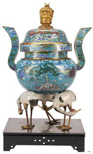 Palace Sized Cloisonne Censer: Monumental Chinese Cloisonne Censer, circular form to body, the exterior decorated with enameled mountain, landscape and deer design on blue ground, with central tree image and cranes overhead. The