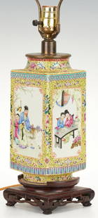 Chinese Famille Rose Cong Vase, mounted as lamp: Chinese Republic Period Famille Rose Cong Vase, yellow ground with differing hand painted vignettes on each side, depicting figures engaged in various activities. Mounted as a lamp with carved wood