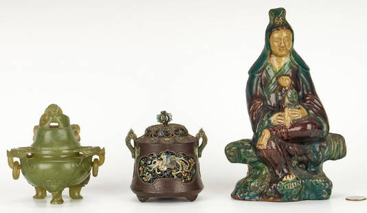 2 Lidded Censers and Guanyin Figure: Three (3) Chinese items, including jade censer, signed metal and cloisonne censer, and Guanyin figure. 1st item: Spinach jade censer, the cover with figural foo dog finial and carved mask handles