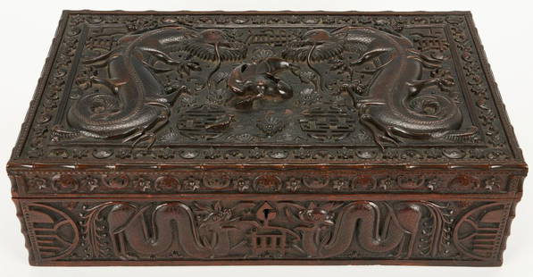 Chinese Carved Hardwood Dragon Box: Chinese hardwood box, likely Zitan wood, the top elaborately carved with two dragons flanking a bird or phoenix with leaf in beak, surrounded by Chinese characters and flowers, enclosed within a