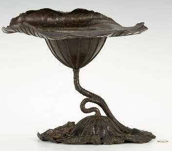 Japanese Bronze Frog Ikebana, signed: Japanese bronze Ikebana or flower frog centerpiece, constructed in three parts; the naturalistic center arm fits into a base modeled as a lily pad with figural frog, and supports a lily with