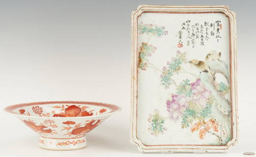 Chinese Famille Rose Tray and Bowl with Bats: Two (2) Chinese porcelain items, including Famille Rose tray and bowl with bats. 1st item: Chinese Famille Rose porcelain rectangular tray or plaque with curved corners, decorated with scene of two