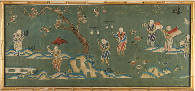 Framed Chinese Embroidered Landscape, Qing Dynasty: Framed panoramic Chinese silk embroidery, Qing Dynasty, depicting a procession of Chinese boys in a nighttime landscape setting, carrying various objects including lanterns, flags and fans, with a