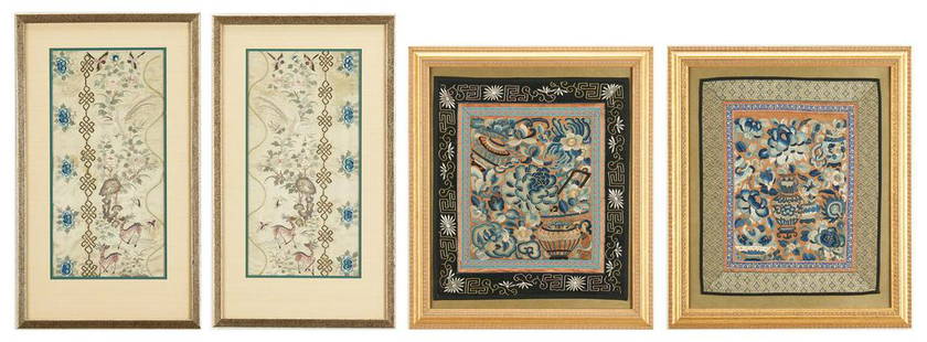 4 Chinese Embroideries, incl. 2 w/ Deer: Four (4) Chinese Embroideries, including two (2) with flowers, vases and precious objects, float mounted on gilt mats, each approximately 16" H x 14" W sight, 21" H x 18" W framed; and two (2) with