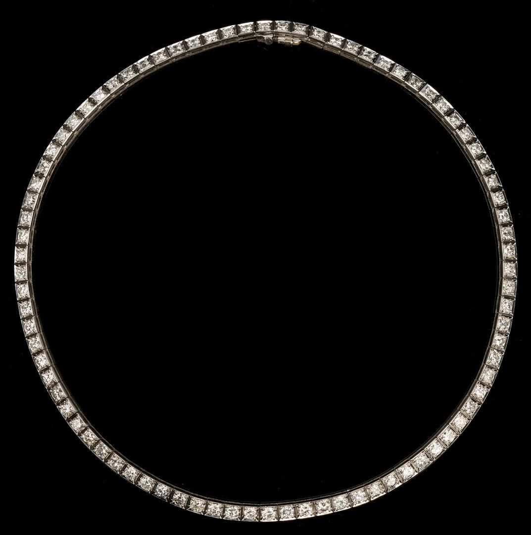 Platinum & Diamond Choker Necklace, approx. 9 Carats: Ladies platinum choker necklace featuring 84 round brilliant diamonds approximately 9.24 carats, Clarity-SI1, Color-H. The necklace is marked "10% irid" and "plat" and is 12 1/2" L. Gross weight of th