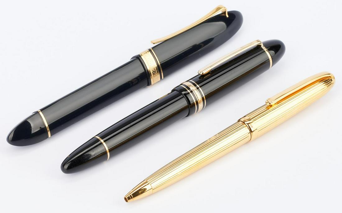 3 Pens, incl. Montblanc, Cartier, Omas: Three (3) Designer fountain or rollerball pens, including Montblanc Meisterstuck No. 149, Cartier, and Omas 360. 1st item: Montblanc Meisterstuck No. 149 fountain pen, two tone 14 carat gold nib, prec