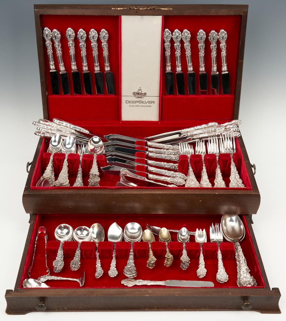 156 pcs. Gorham Versailles Sterling Flatware: 156 pieces Gorham Sterling Silver Flatware in the Versailles pattern, designed in 1888 by Antoine Heller (French, 1839-1904). Includes 12 dinner knives (9 1/2" L), 12 luncheon knives (9" L), 6 fish kn