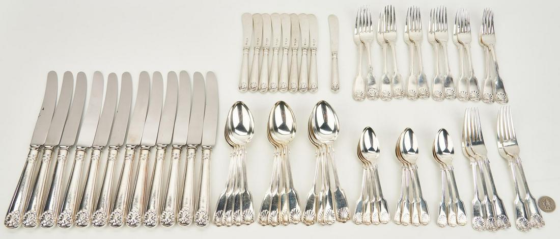 61 pcs English Shell and Thread Flatware: 61 pieces assembled English flatware service in the fiddle, shell and thread pattern. Includes 12 sterling silver handle knives with stainless blades, the handles marked for Thomas of New Bond Street,