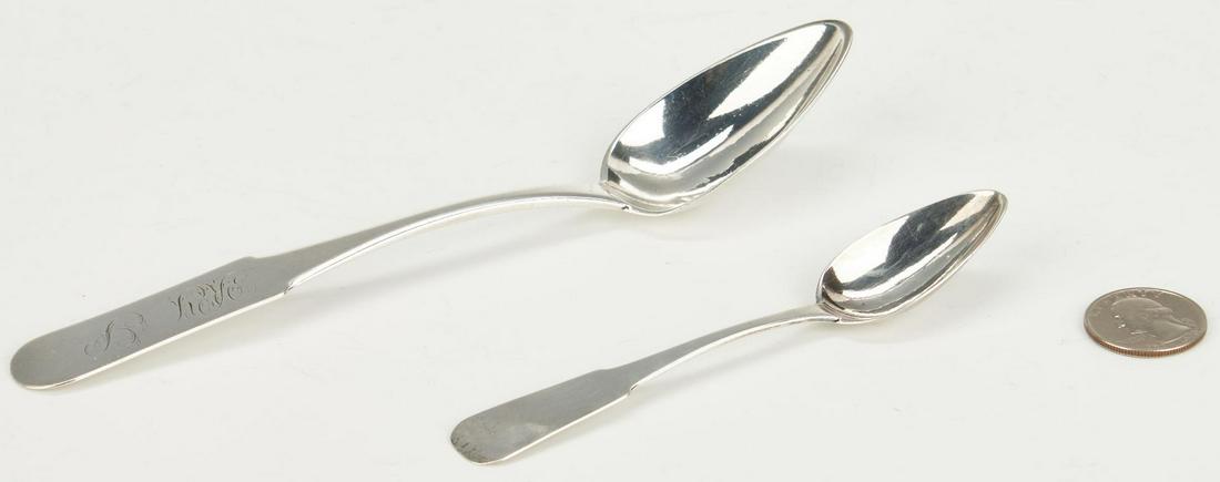 Asa Blanchard Tablespoon & Teaspoon: Two (2) coin silver spoons by Asa Blanchard, Lexington, KY (working c. 1808-1838). 1st item: Fiddle handle teaspoon marked AB in rectangle (mark used circa 1810-1820). 5" L. 2nd item: Dessert or table