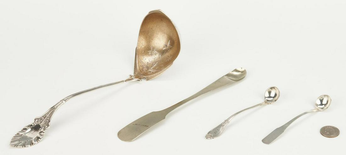 TN Coin Silver Ladles and Medicine Spoon, 4 pcs: 1 coin silver medicine spoon and 3 coin and sterling ladles with marks of Nashville and Memphis, Tennessee silversmiths/jewellers, 4 items total. 1st item: 1 Salt or condiment ladle with plain fiddle 
