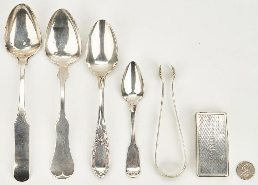 Snuff box and flatware incl. GA, LA makers, 8 pcs.: Group of coin silver flatware, including makers from Savannah and Columbus, Georgia; New Orleans, Louisiana and Hagerstown, MD, together with a snuff box and tongs, likely Continental .800 silver. 1st