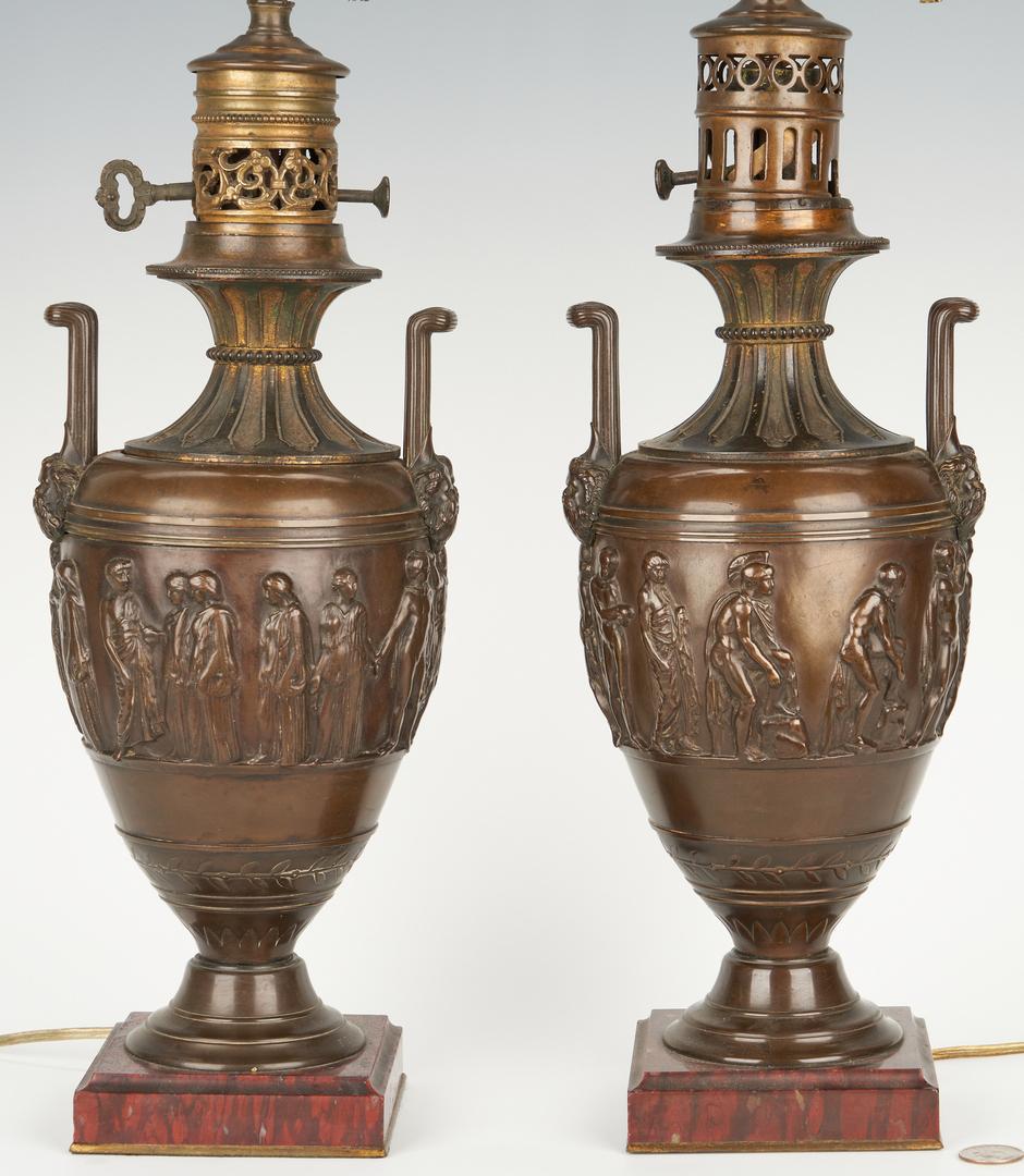 3 Lamps incl. Barbedienne Bronze Urns: Three (3) Classical style lamps, including Ferdinand Barbedienne bronze urns. 1st and 2nd items: Pair of French Bronze urns, each signed to base "F. Barbedienne" (Ferdinand Barbedienne, France, 1810-1