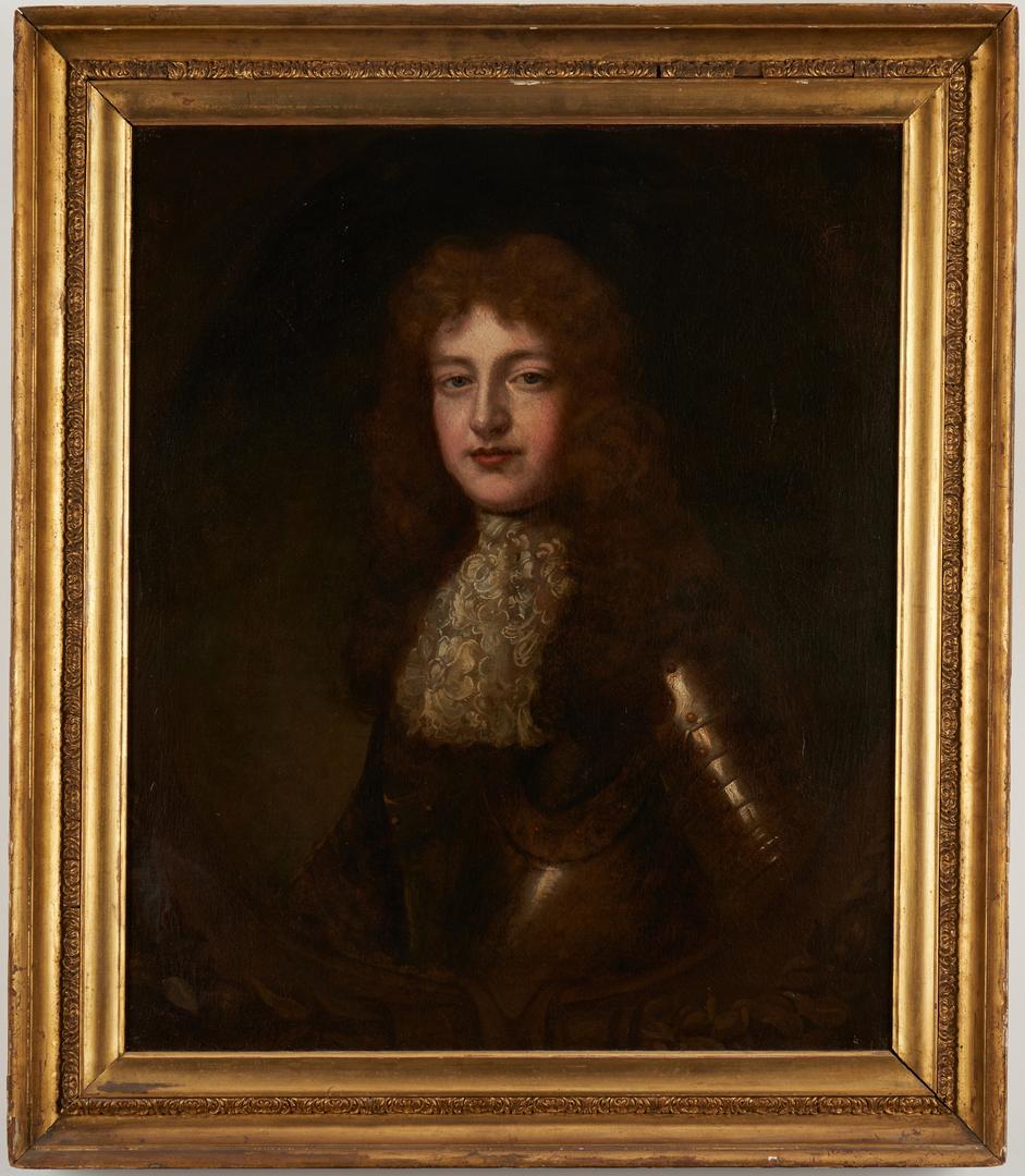 Portrait of Young Man in Armor: Manner of Sir Godfrey Kneller (British, 1646-1723) portrait of a young man dressed in a suit of armor, with white ruffled shirt and long curly auburn hair. Unsigned. Housed in an antique molded giltwo
