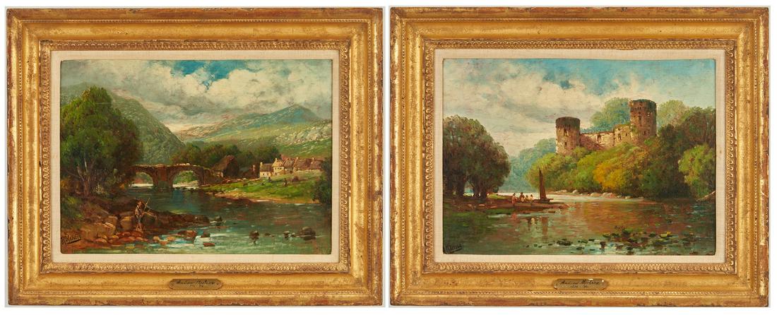 2 Scottish Landcapes by Andrew Melrose incl. Bothwell: A pair of two (2) Andrew Melrose (Scottish/American, 1836-1901) oil on board landscape paintings. 1st item: View of Bothwell Castle in Scotland, sitting on a steep bank above the River Clyde. A group